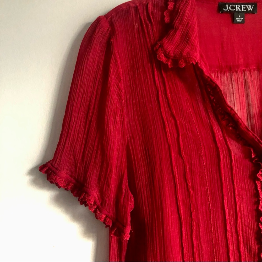J.Crew Sheer lace-trim button-up Vibrant Red Cap Sleeves Blouse Women’s Size 6 - Picture 6 of 12